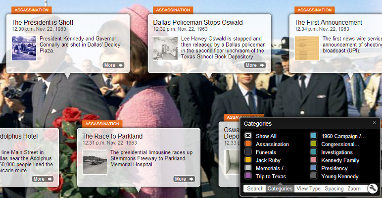 Screenshot from JFK Assassination Timeline showing category list in viewer control panel