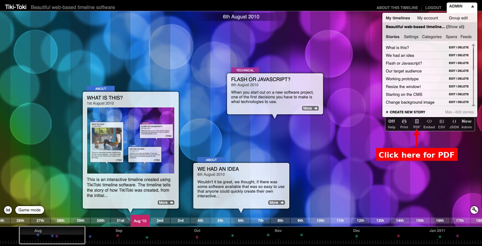 Tiki-Toki admin panel showing the PDF option in the black bar, used to find your timeline's full-width screenshot link